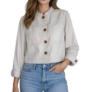 LC Lauren Conrad Womens Cream Cotton Twill Cropped Utility Jacket Mock Neck M